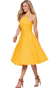 BY610141-7 Yellow White Polka Dot Flared Vintage Dress